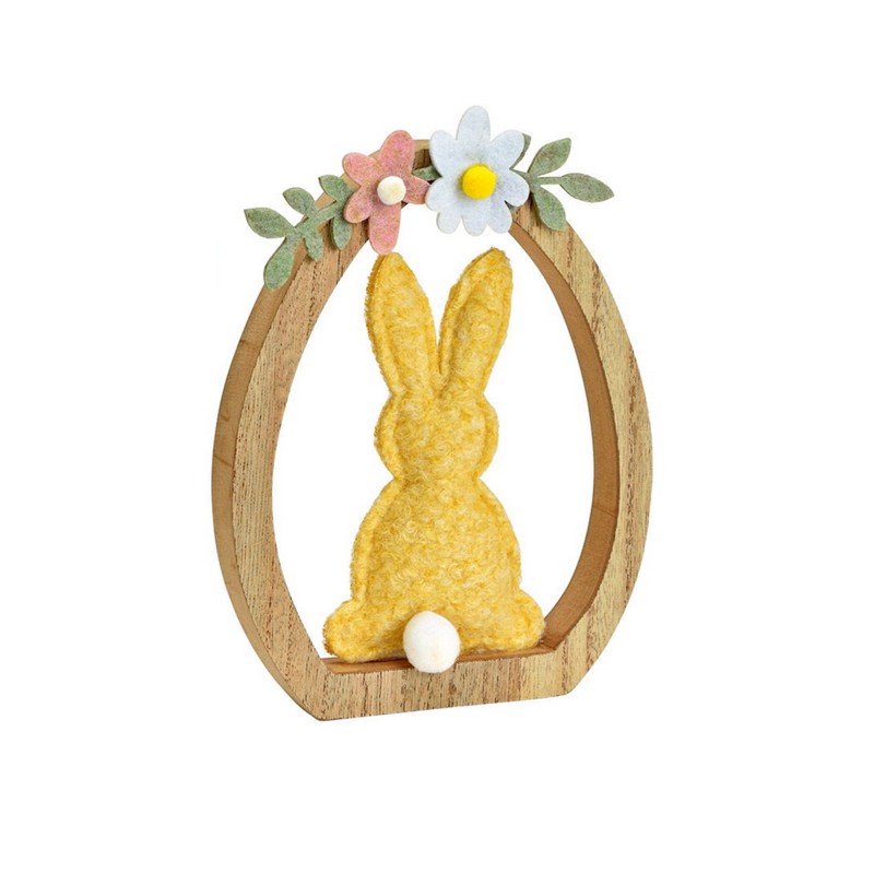 Coniglio pasquale giallo in cornice floreale di legno e feltro, perfetto come decorazione di Pasqua